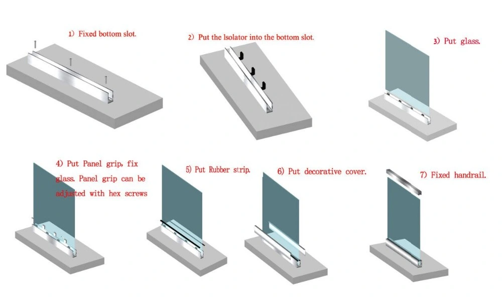 Aluminum U Channel Balustrade Frameless Glass Railing with LED Light